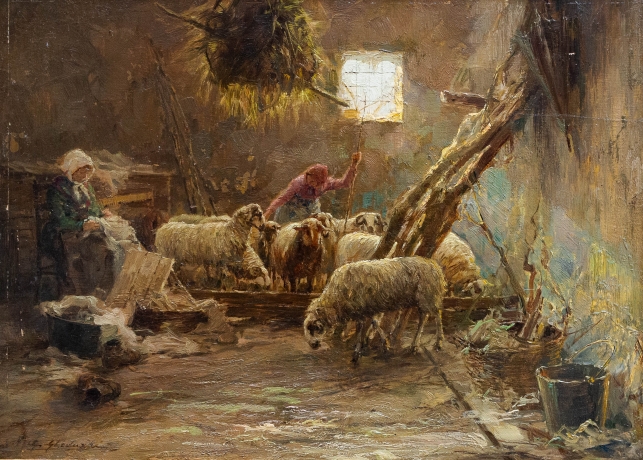 Giuseppe Gheduzzi, "Interno di stalla", olio su tavola, firmato, Epoca '900 image 1