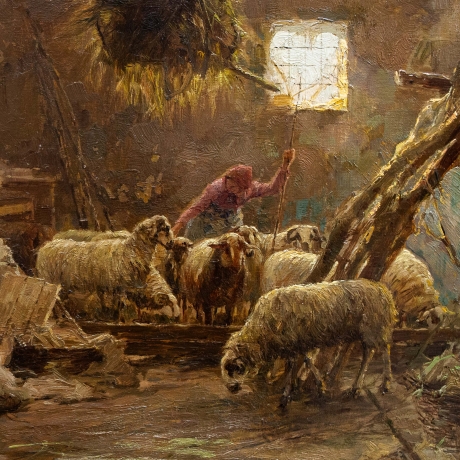 Giuseppe Gheduzzi, "Interno di stalla", olio su tavola, firmato, Epoca '900 image 3