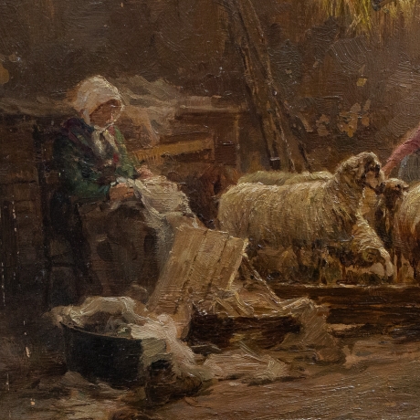 Giuseppe Gheduzzi, "Interno di stalla", olio su tavola, firmato, Epoca '900 image 6