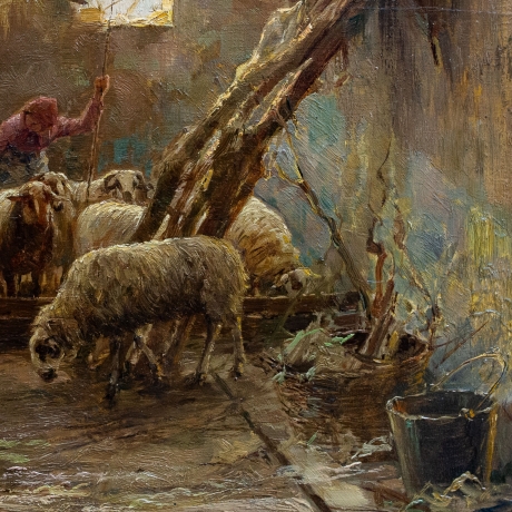 Giuseppe Gheduzzi, "Interno di stalla", olio su tavola, firmato, Epoca '900 image 4