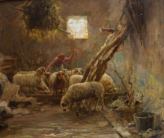 Giuseppe Gheduzzi, "Interno di stalla", olio su tavola, firmato, Epoca '900 image 8