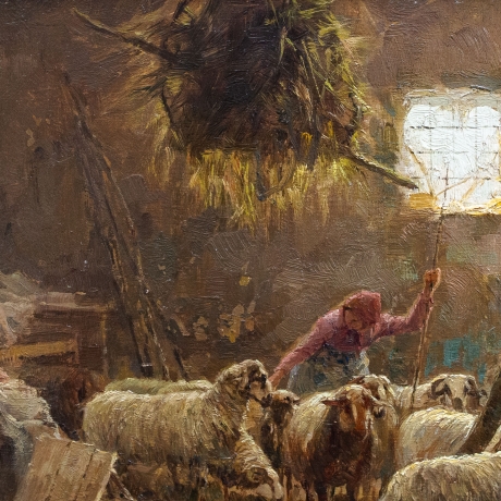 Giuseppe Gheduzzi, "Interno di stalla", olio su tavola, firmato, Epoca '900 image 7