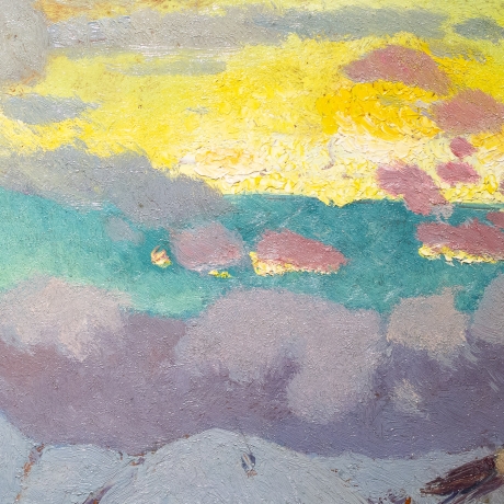 Cesare Maggi, “Tramonto a Salice d’Ulzio (Sauze d’Oulx)”, olio su tavola, firmato, 1923 image 3