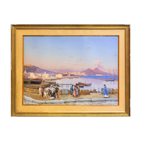 Giacinto Gigante, "Tramonto su Napoli", acquerello su carta, firmato, Epoca '800 image 2