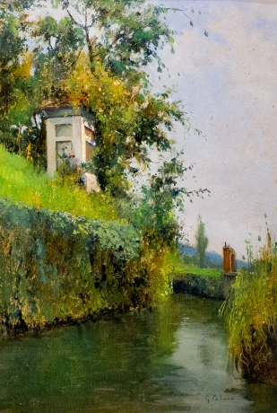 Giovanni Colmo, "Paesaggio fluviale", olio su cartone, firmato, Epoca '900 image 1