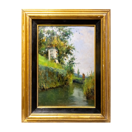 Giovanni Colmo, "Paesaggio fluviale", olio su cartone, firmato, Epoca '900 image 2