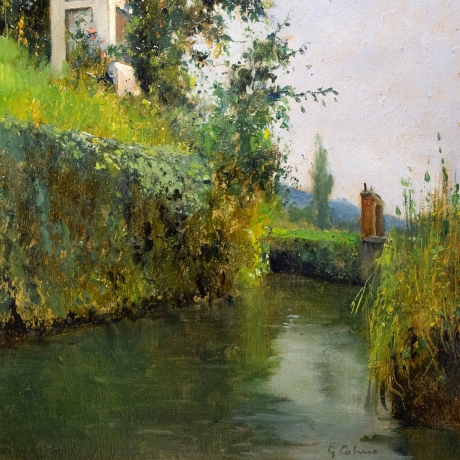 Giovanni Colmo, "Paesaggio fluviale", olio su cartone, firmato, Epoca '900 image 4