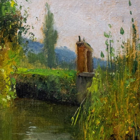 Giovanni Colmo, "Paesaggio fluviale", olio su cartone, firmato, Epoca '900 image 6