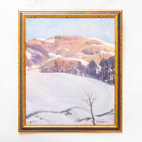 Placido Castaldi , "Baite innevate nel Biellese", olio su tela, firmato, Anni '60 image 2