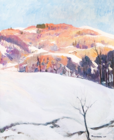 Placido Castaldi , "Baite innevate nel Biellese", olio su tela, firmato, Anni '60 image 1