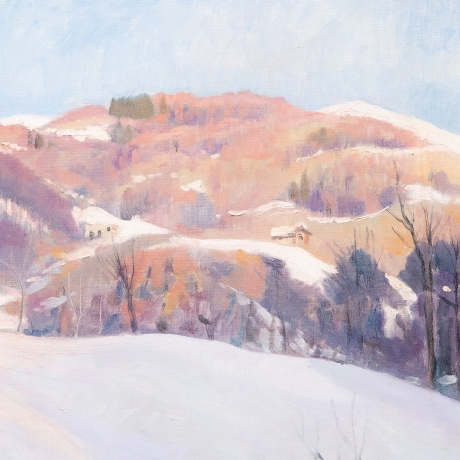 Placido Castaldi , "Baite innevate nel Biellese", olio su tela, firmato, Anni '60 image 3