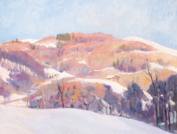 Placido Castaldi , "Baite innevate nel Biellese", olio su tela, firmato, Anni '60 image 4
