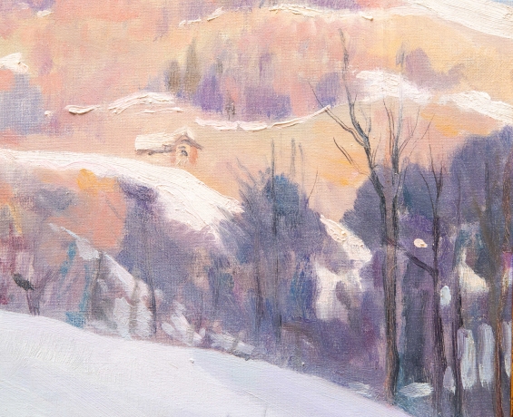 Placido Castaldi , "Baite innevate nel Biellese", olio su tela, firmato, Anni '60 image 6