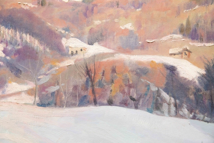 Placido Castaldi , "Baite innevate nel Biellese", olio su tela, firmato, Anni '60 image 7