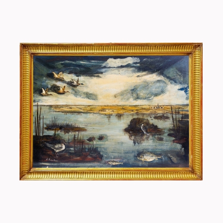 Luigi Zuccheri, “Laguna al crepuscolo”, olio su tela, Epoca '900 image 3